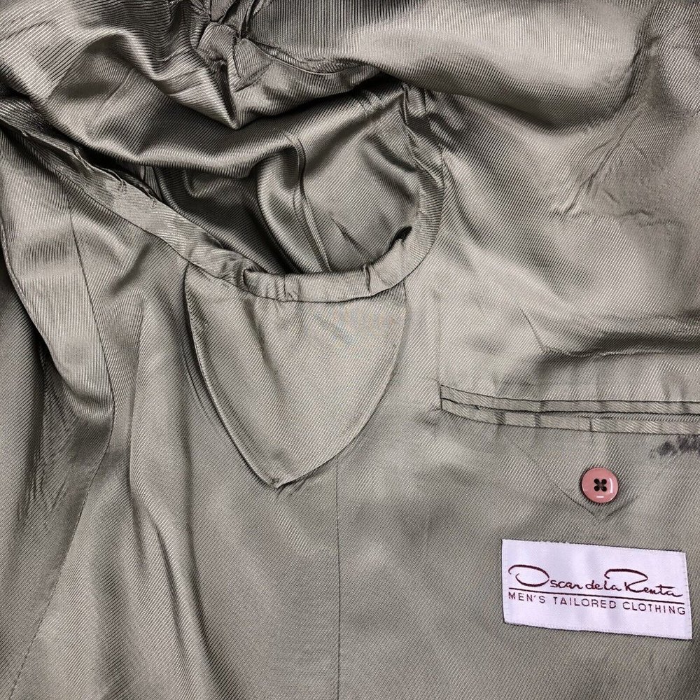 Oscar De La Renta Mens 44R Green Grey Silk Blend Houndstooth Sport Coat Blazer - Picture 12 of 12